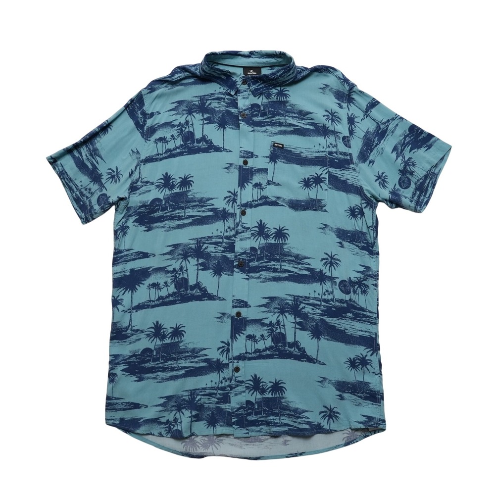 Rip Curl Hawaiian Shirt Button Up Mens Large Blue Short Sleeve Tropical Viscose